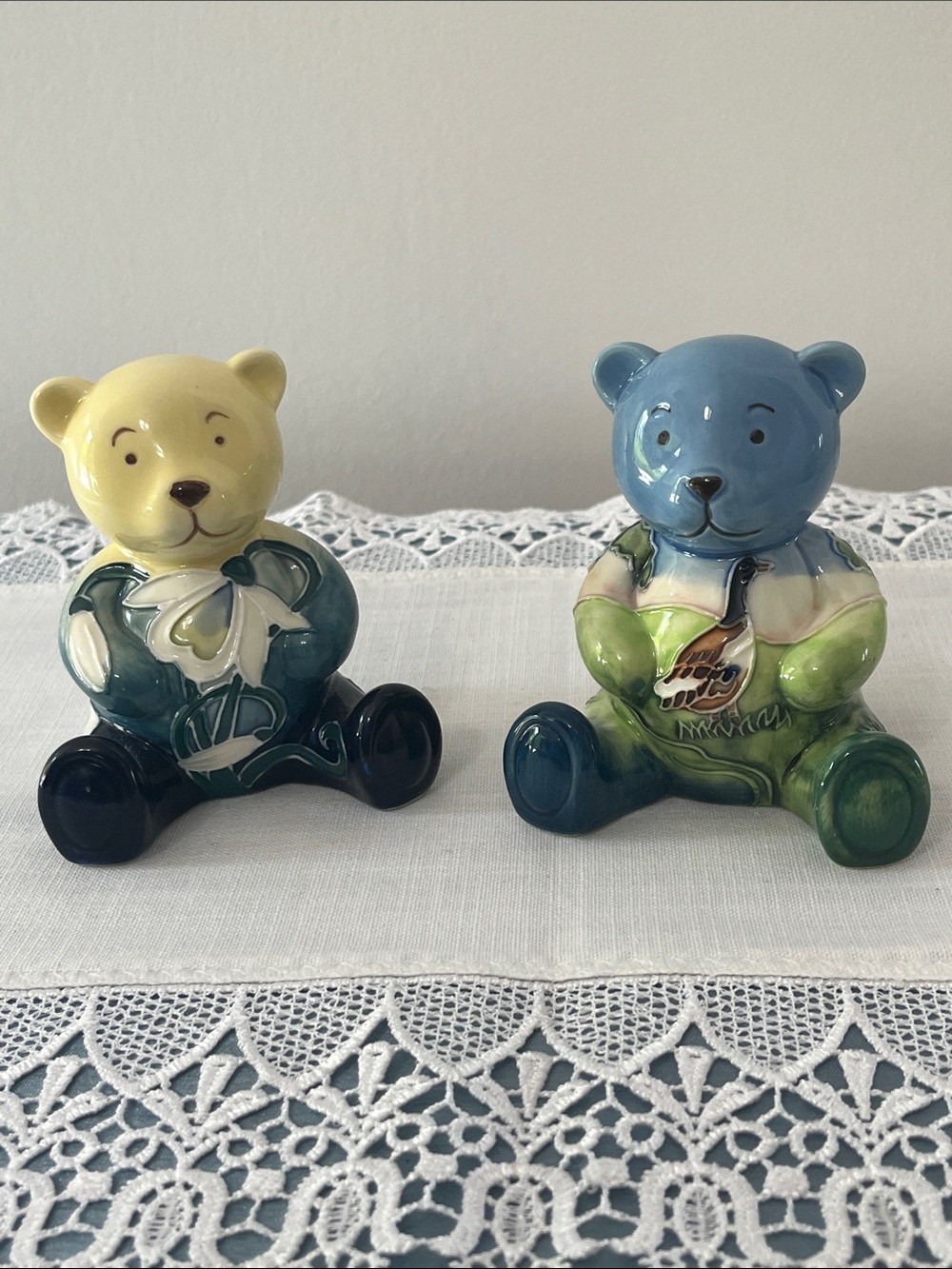 Pair of Old Tupton Ware Teddy Bear Figurines - Hand Painted Tube Lined Ceramic